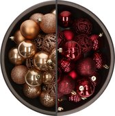 Bellatio Decorations Kerstballen mix - 74-delig - donkerrood en camel bruin - 6 cm - kunststof