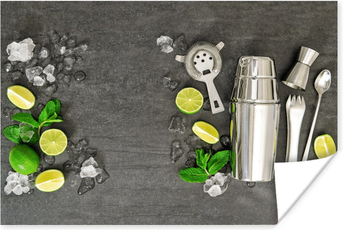 Poster Cocktail shaker - IJsblokjes - Fruit - 90x60 cm