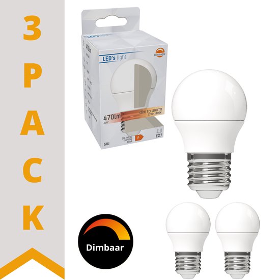 DimToWarm LED Lamp E27 - Bol - Dimbaar naar extra warm wit licht - 5W (40W) - 3 lampen