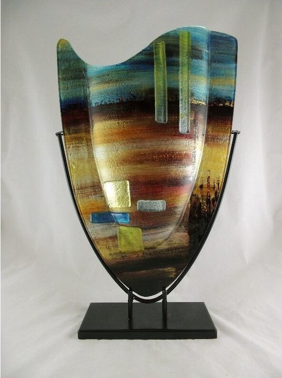 Décoration vase matin - bleu or jaune - 37x59 cm - verre avec métal - fusion du verre