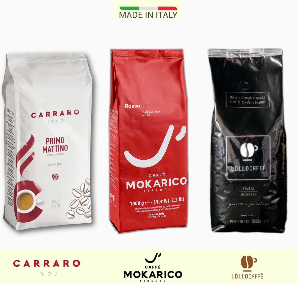 Goedkoopste Espresso Proefpakket Lollo Caffè, Carraro 1927, Mokarico - Top kwaliteit koffiebonen - Italiaanse Espresso - Romige koffie, ideale melange voor cappuccino - Voor Delonghi, Siemens, Jura, Moccamaster, Krups, Philips, Sage koffiezetapparaten
