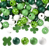Houten kralen, set van 160 grote vrolijke kralen in Ierse stijl: wit en groene kleuren.