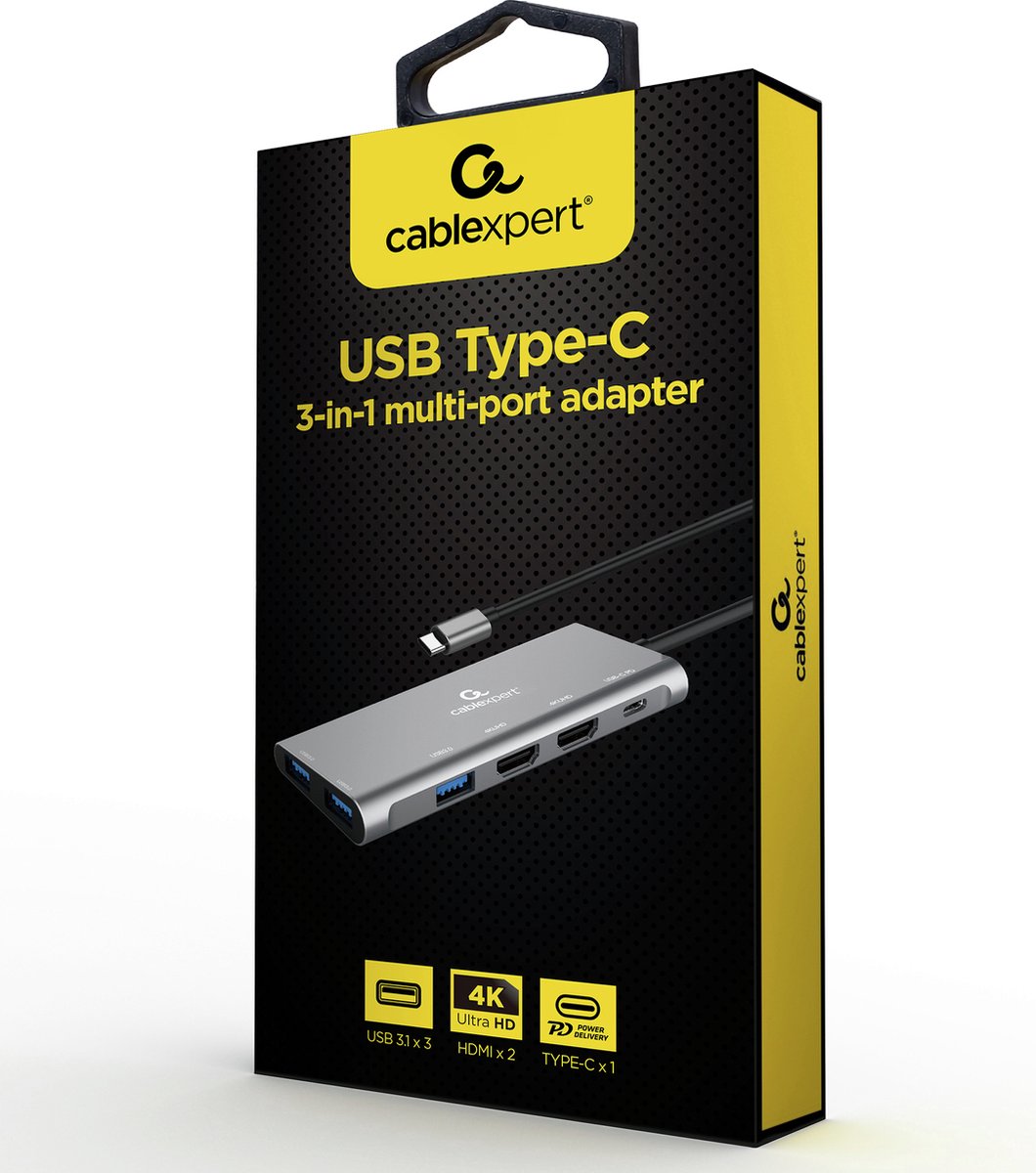 Cablexpert USB-C vers 2x HDMI, 3x USB-A et USB-C PD 60W - DP 1.2 / HDMI 1.4  / DP Alt