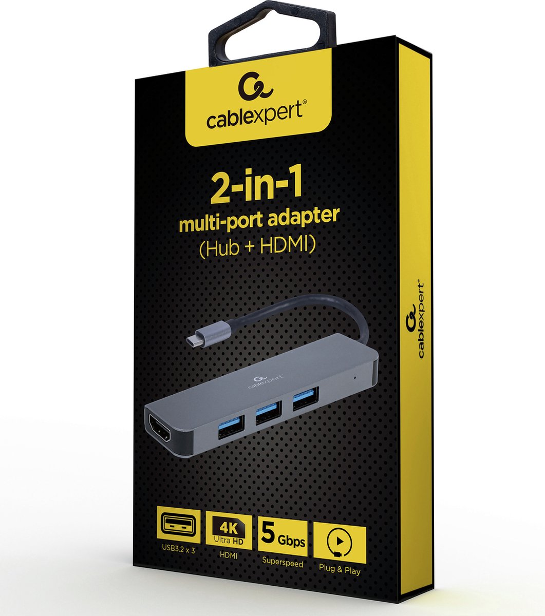 Cablexpert USB-C naar HDMI 4K 30Hz en 3x USB-A adapter - 0,15 meter