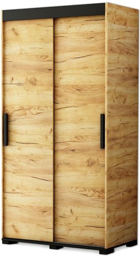 InspireMe- Kledingkast met 2 schuifdeuren, Loft-stijl, Industriële kledingkast, Beukenhout poten Kledingkast met planken(BxHxD): 150,5x195x62 -…