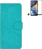 Motorola Moto G22 Hoesje - Bookcase - Moto G22 Hoesje - Pu Leder Wallet Book Case Turquoise Cover + Full Screenprotector