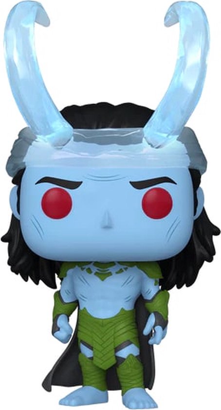 Frost Giant Loki Funko Pop! met blauwe huid, rode ogen, groene pantser en ijzige hoorns.