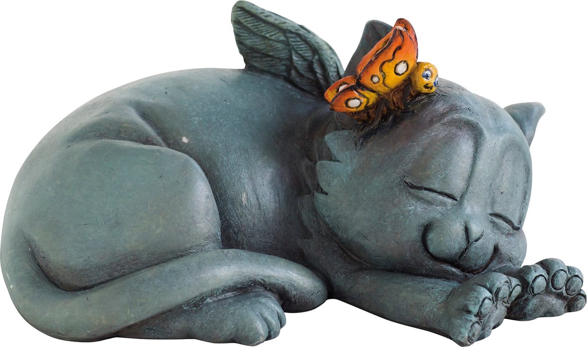 MadDeco - beeldje poes met vleugeltjes en vlinder - overleden kat - herinnering - aandenken - polystone - 11 cm lang - onze kleine vriendjes