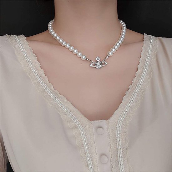 Strass faux planet saturn parel ketting voor vrouwen sieraden, nep parel kraag hanger een ketting mannen met charme voor meisjes Y2k sieraden dames