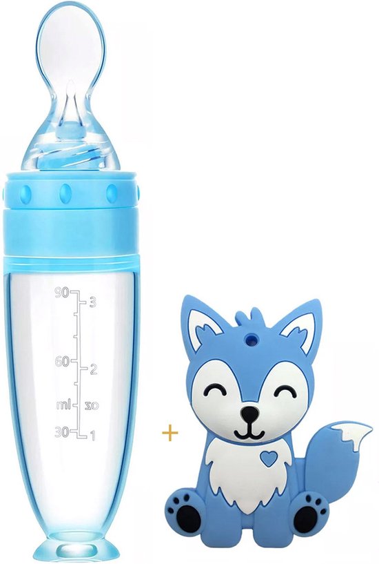 Babyflesje - Biberoia® Bijtring en knijpfles met lepel - Baby - Kinderbestek - Baby speelgoed - Kraamcadeau - Babyshower - Blauw