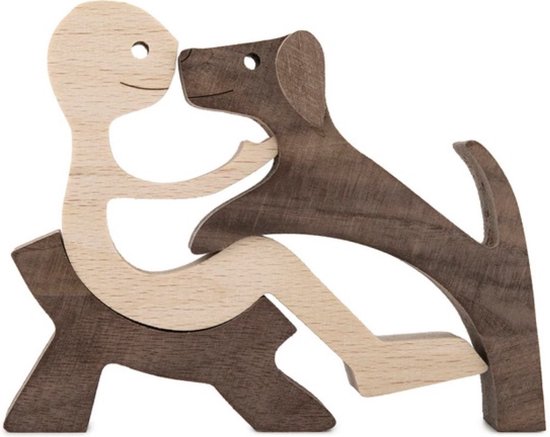 Houten beeldje - Natuurlijk hout - Beeld - Decoratief - Hout - Man - Stoel - Hond - B11