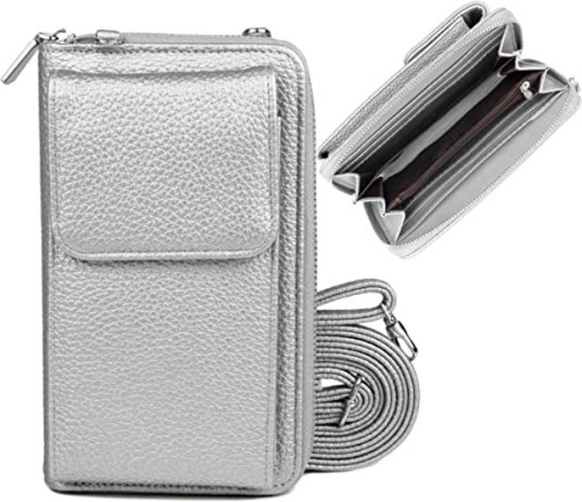 Portemonnee tasje RFID met schouderband zilver - Telefoontasje dames - Anti-skim - Schoudertas klein zilver - Portemonnee voor mobiel