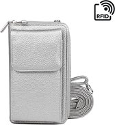 Portemonnee tasje RFID met schouderband zilver - Telefoontasje dames - Anti-skim - Schoudertas klein zilver - Portemonnee voor mobiel