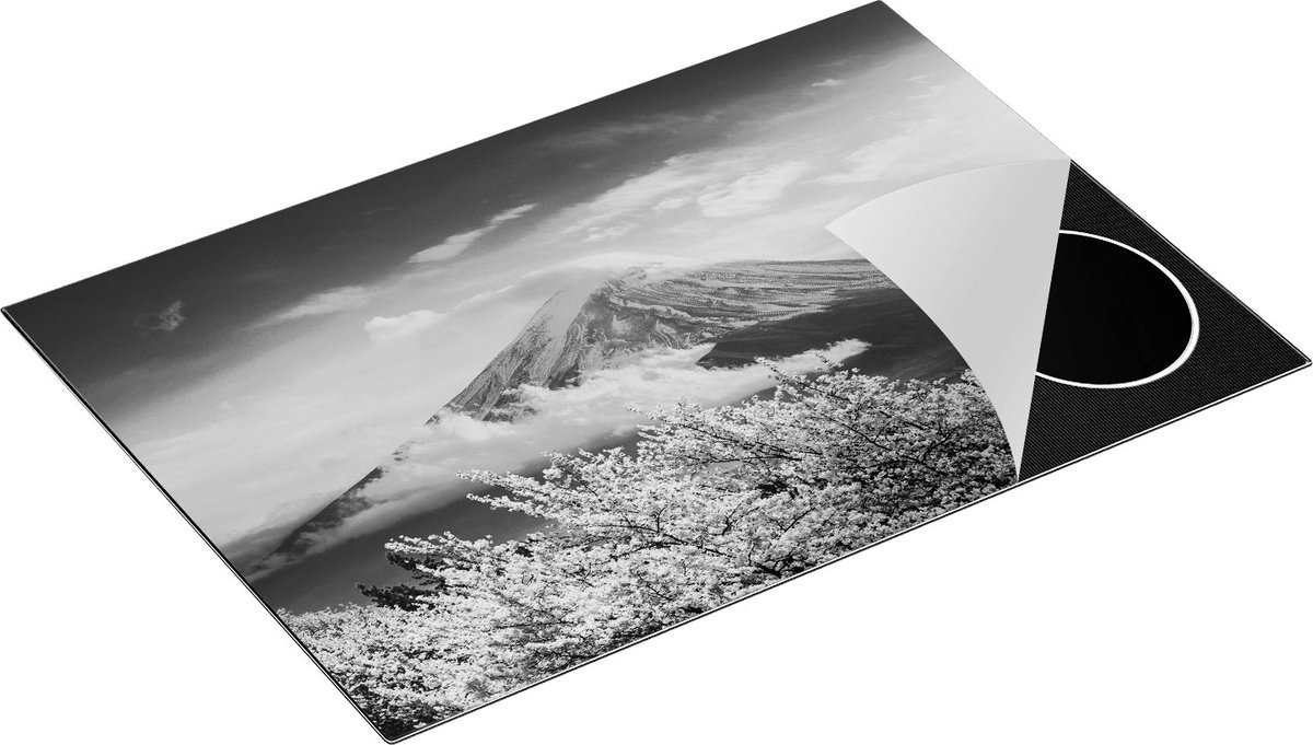 Chefcare Inductie Beschermer Fuji Berg met Roze Bloesembomen - Bloemen - Zwart Wit - 75x55 cm - Afdekplaat Inductie - Kookplaat Beschermer - Inductie Mat