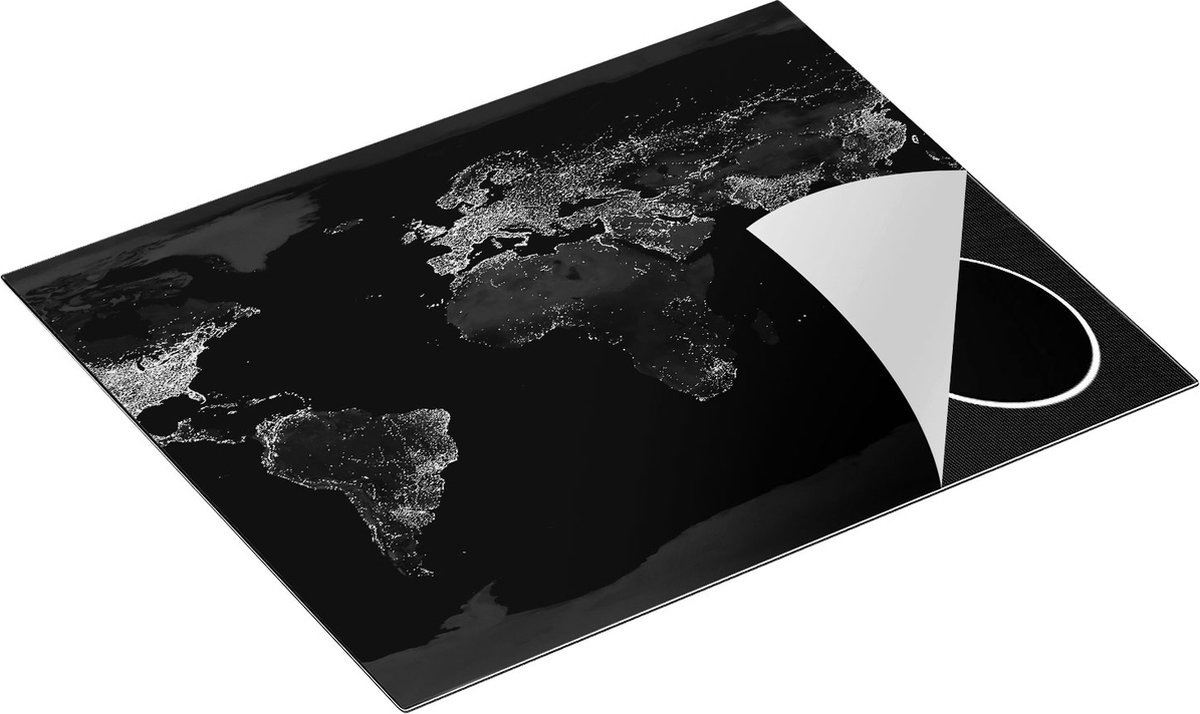 Chefcare Inductie Beschermer Wereldkaart met Licht Observaties - Zwart Wit - 65x55 cm - Afdekplaat Inductie - Kookplaat Beschermer - Inductie Mat