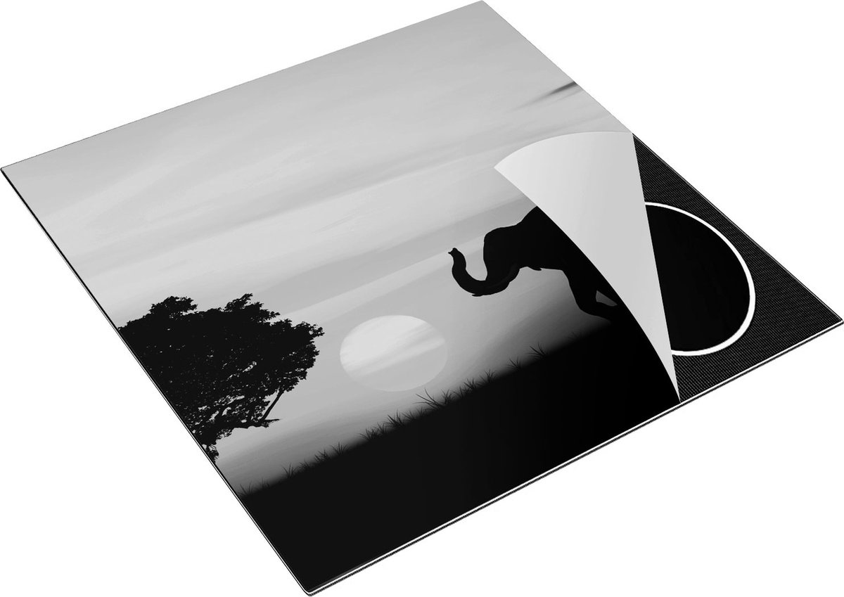 Chefcare Inductie Beschermer Olifant Silhouet tijdens Zonsondergang - Zwart Wit - 78x78 cm - Afdekplaat Inductie - Kookplaat Beschermer - Inductie Mat