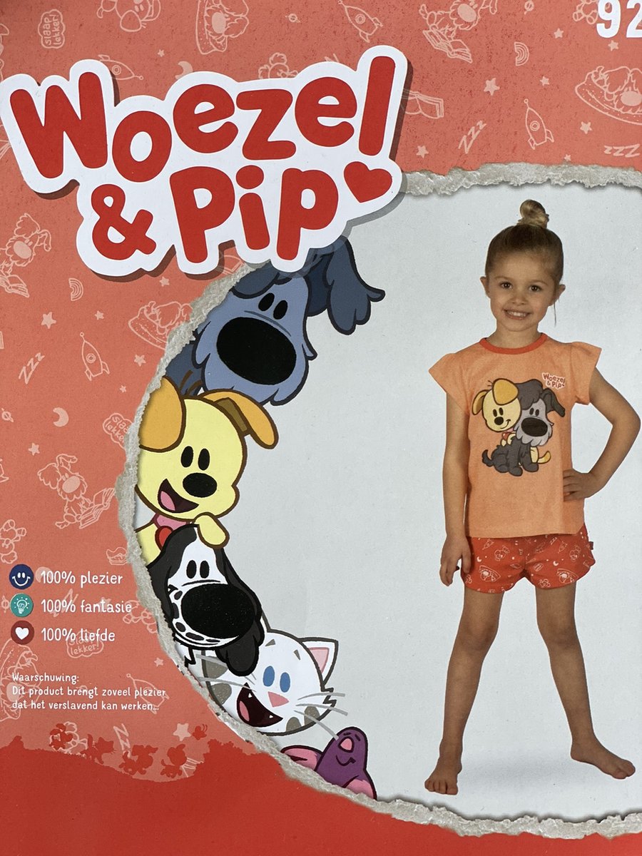 Woezel en Pip - Shortama - Roze - Rood - Pyjama - Nachtkleding - Maat 92/98 - Kinderen - Zomerkleding - Zomervakantie - Lekker weer - Warmte
