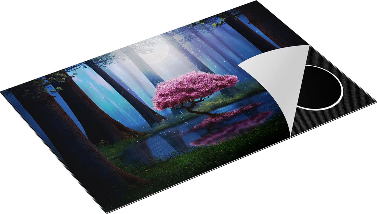 Chefcare Inductie Beschermer Roze Boom op een Vijver in de Nacht - 80,2x52,2 cm - Afdekplaat Inductie - Kookplaat Beschermer - Inductie Mat