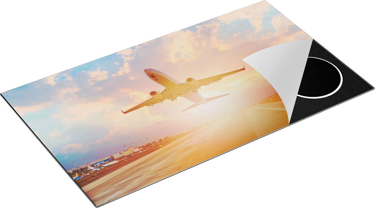Chefcare Inductie Beschermer Vliegtuig Stijgt op het Landingsbaan met Zon - 91,6x52,7 cm - Afdekplaat Inductie - Kookplaat Beschermer - Inductie Mat
