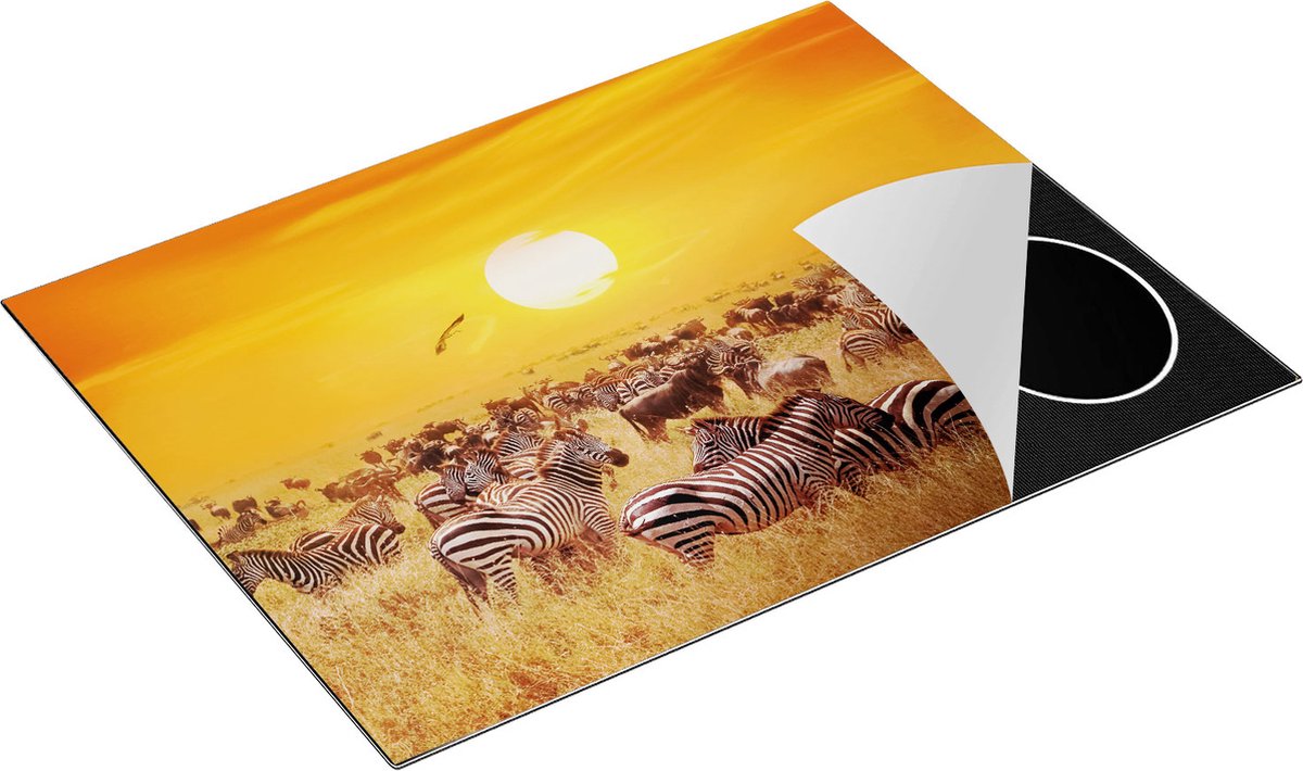 Chefcare Inductie Beschermer Kudde Zebra's bij een Oranje Zonsondergang - 77x59 cm - Afdekplaat Inductie - Kookplaat Beschermer - Inductie Mat