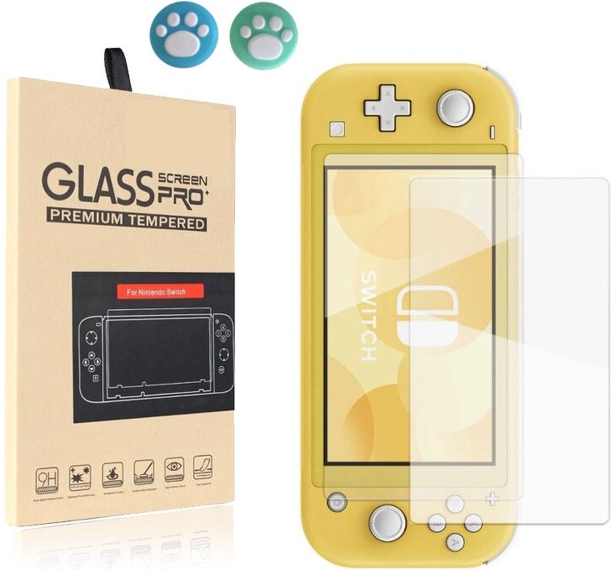 Screenprotector Geschikt voor Nintendo Switch LITE - 9H Tempered Gehard Bescherm Glas - Inclusief Thumb Grips
