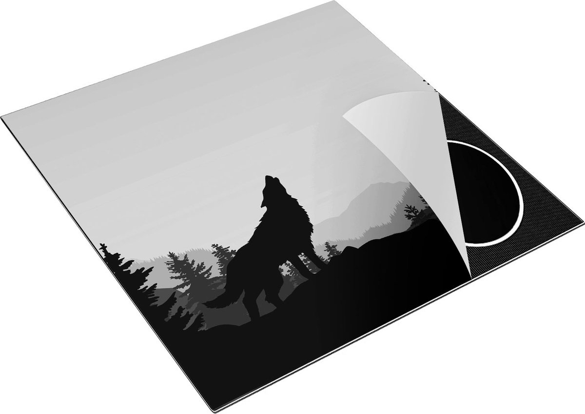 Chefcare Inductie Beschermer Silhouet van een Wolf in het Bos - Abstract - Zwart Wit - 78x78 cm - Afdekplaat Inductie - Kookplaat Beschermer - Inductie Mat