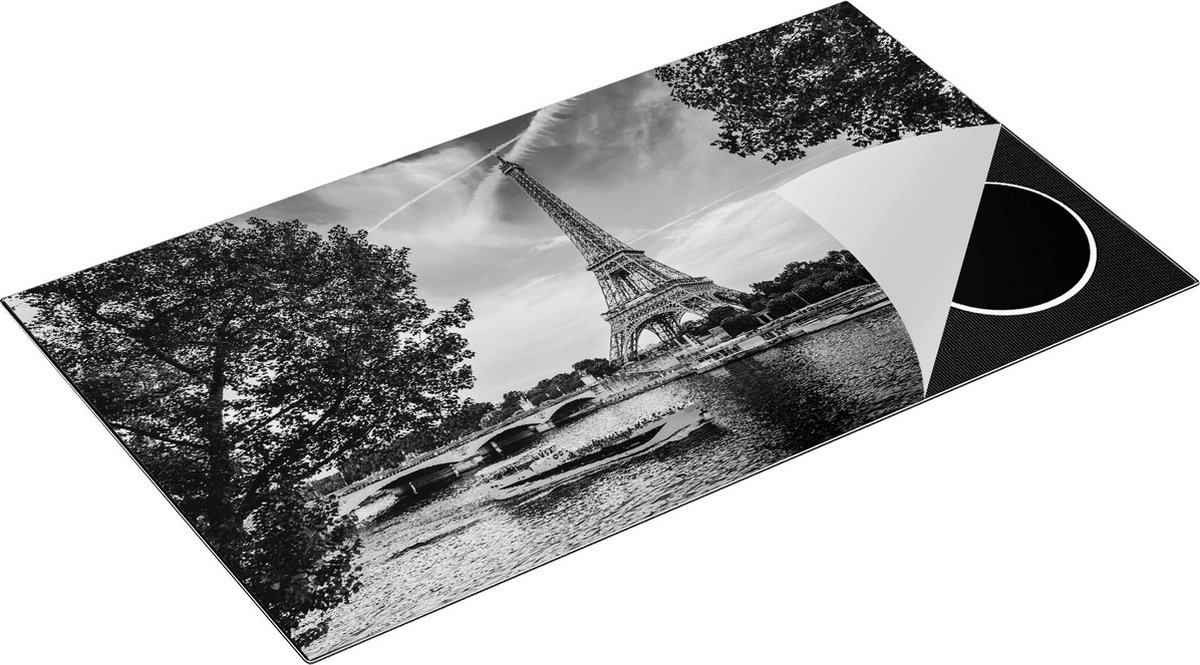 Chefcare Inductie Beschermer Eiffeltoren in Parijs aan het Water - Kleur - Zwart Wit - 90x55 cm - Afdekplaat Inductie - Kookplaat Beschermer - Inductie Mat