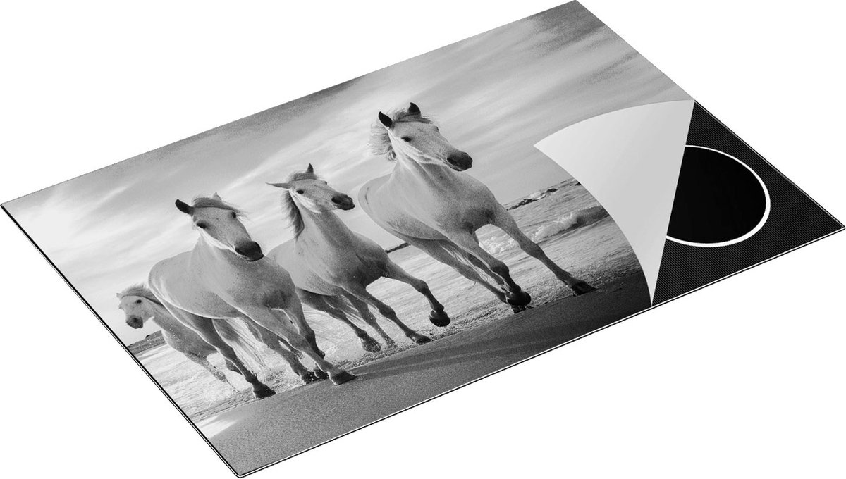 Chefcare Inductie Beschermer Witte Paarden op het Strand bij Water - Zwart Wit - 83x51,5 cm - Afdekplaat Inductie - Kookplaat Beschermer - Inductie Mat