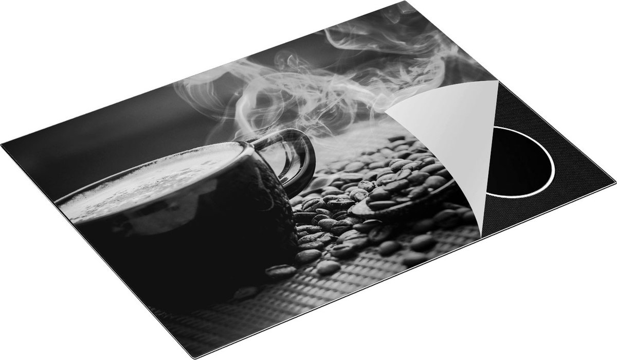 Chefcare Inductie Beschermer Hete Koffie Kop met Koffiebonen - Zwart Wit - 71x52 cm - Afdekplaat Inductie - Kookplaat Beschermer - Inductie Mat