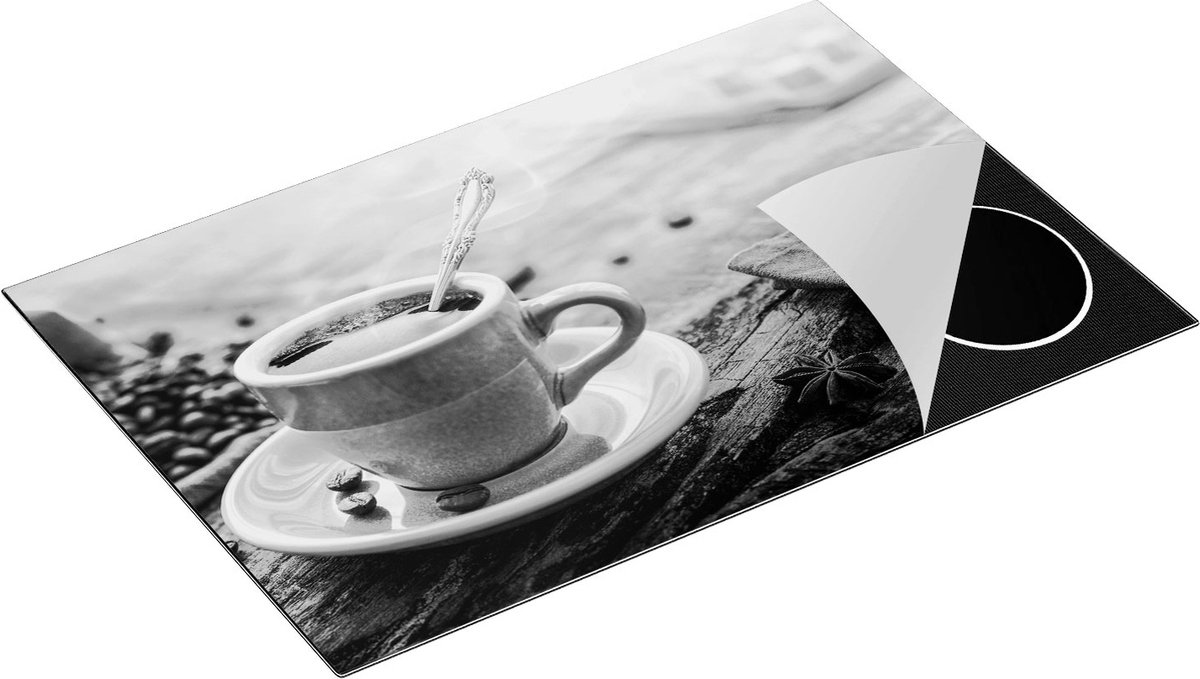 Chefcare Inductie Beschermer Blauw Kopje Koffie met Koffiebonen - Zwart Wit - 81,2x52 cm - Afdekplaat Inductie - Kookplaat Beschermer - Inductie Mat