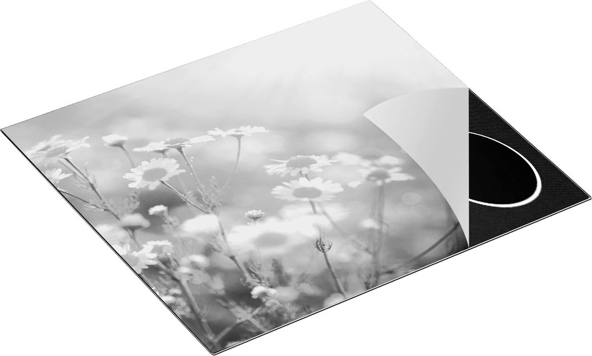 Chefcare Inductie Beschermer Witte Kamille Bloemen met Zonneschijn - Zwart Wit - 59x52 cm - Afdekplaat Inductie - Kookplaat Beschermer - Inductie Mat