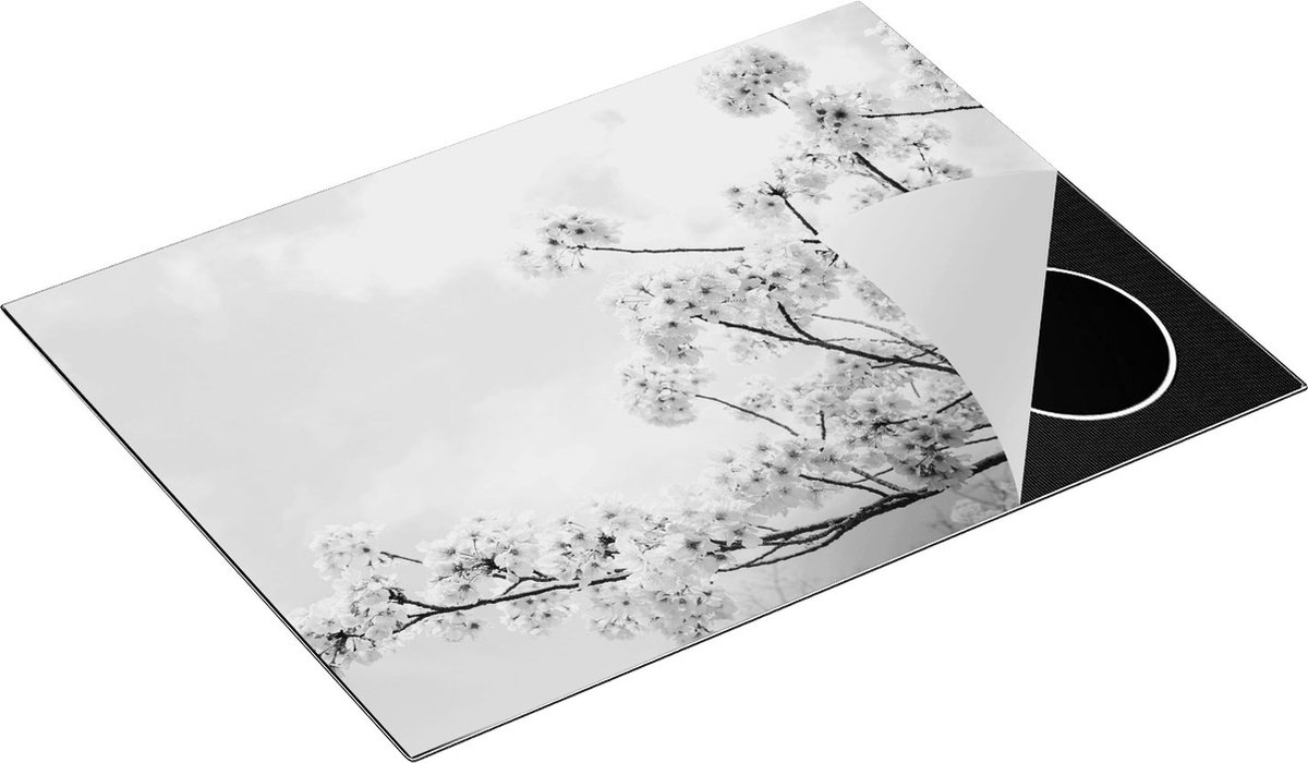 Chefcare Inductie Beschermer Roze Bloesemboom - Bloemen - Zwart Wit - 70x52 cm - Afdekplaat Inductie - Kookplaat Beschermer - Inductie Mat
