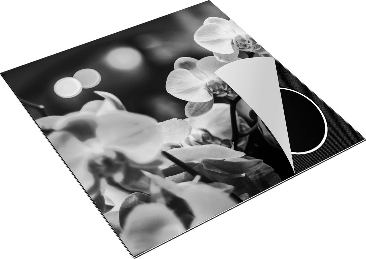 Chefcare Inductie Beschermer Roze Orchidee Bloemen - Zwart Wit - 78x78 cm - Afdekplaat Inductie - Kookplaat Beschermer - Inductie Mat