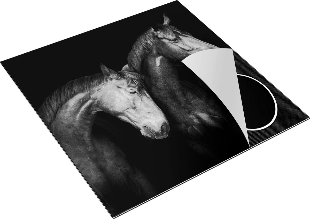 Chefcare Inductie Beschermer Twee Bruine Paarden Koppel - Liefde - Zwart Wit - 78x78 cm - Afdekplaat Inductie - Kookplaat Beschermer - Inductie Mat