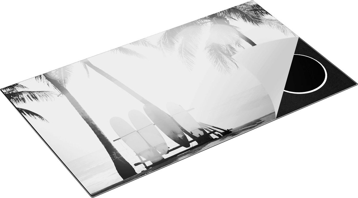 Chefcare Inductie Beschermer Tropisch Strand met Surfborden - Zwart Wit - 89,6x51,6 cm - Afdekplaat Inductie - Kookplaat Beschermer - Inductie Mat