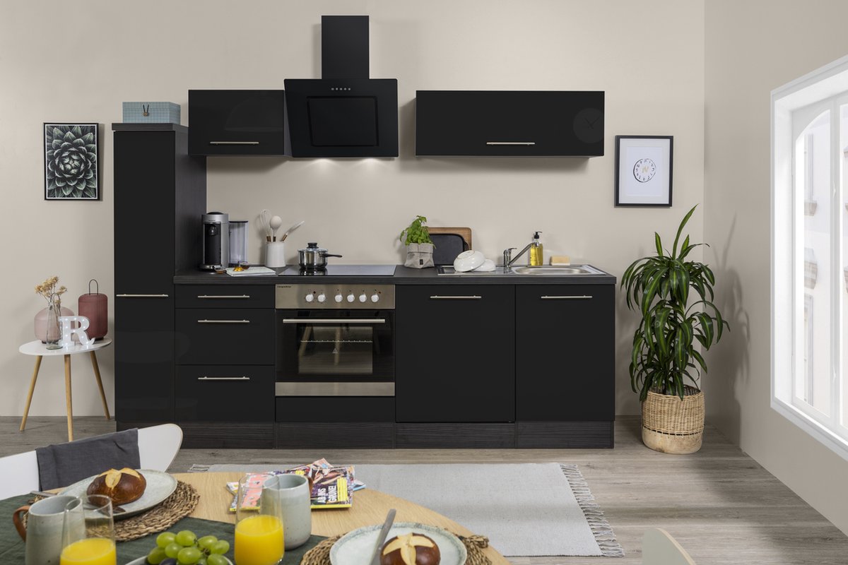 Goedkope keuken 250 cm - complete keuken met apparatuur Amanda - Eiken/Zwart - soft close - keramische kookplaat - vaatwasser - afzuigkap - oven - spoelbak