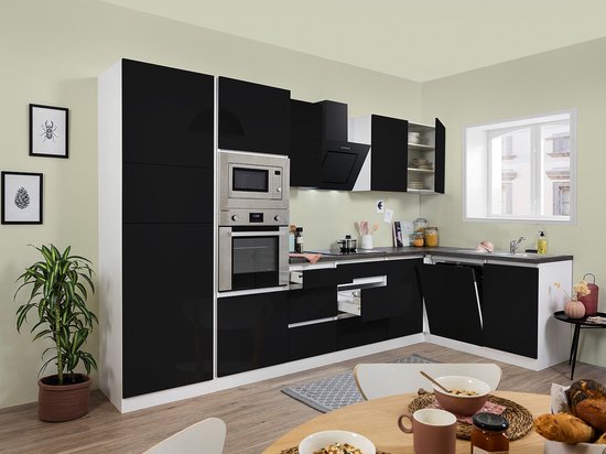 Hoekkeuken 345  cm - complete keuken met apparatuur Lorena  - Wit/Zwart - soft close - keramische kookplaat - vaatwasser - afzuigkap - oven - magnetron  - spoelbak