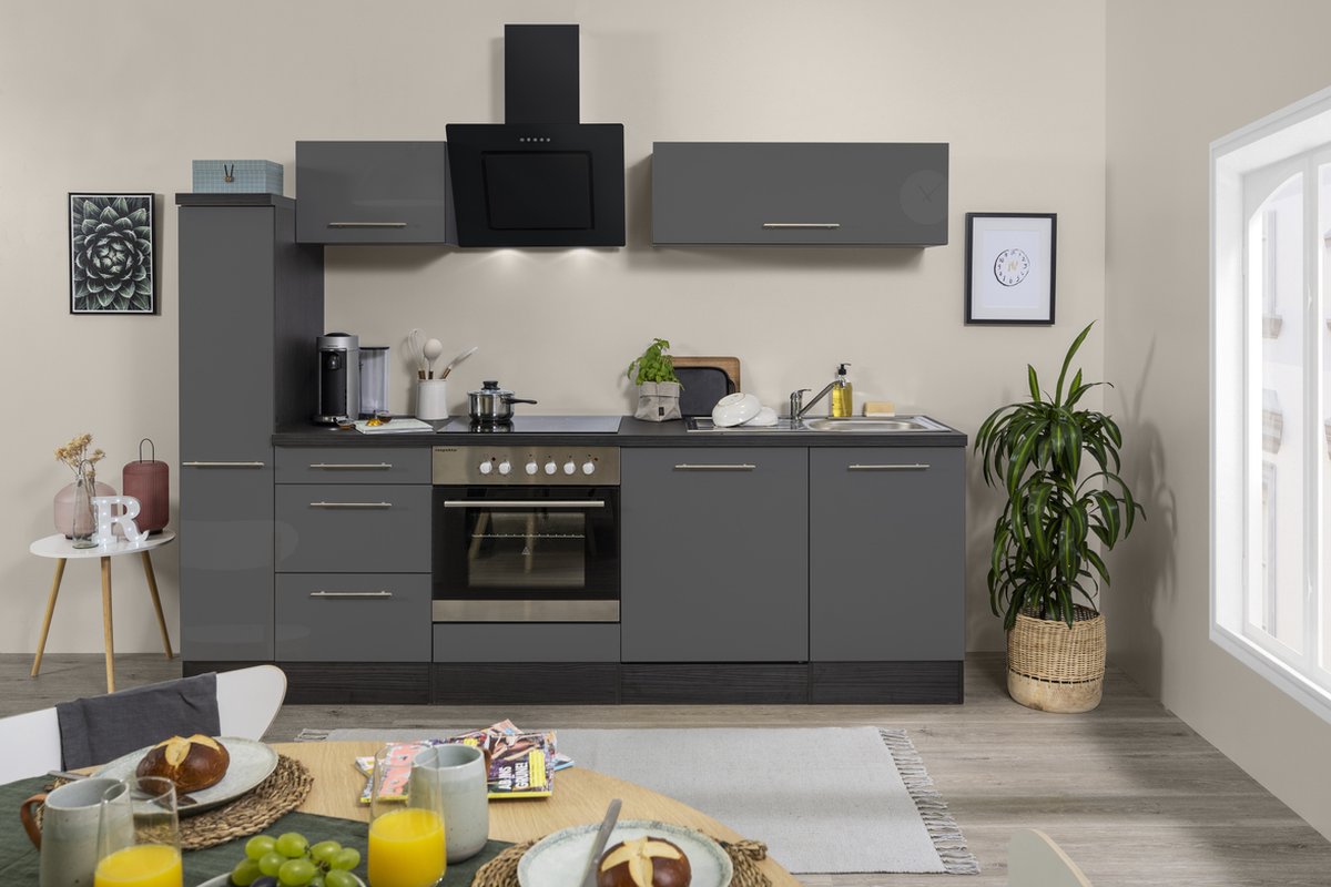 Goedkope keuken 250 cm - complete keuken met apparatuur Amanda - Eiken/Grijs - soft close - keramische kookplaat - vaatwasser - afzuigkap - oven - spoelbak