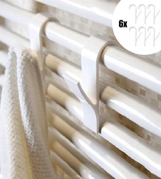 Crochets blancs pour radiateur, 6x illustrés, avec une serviette blanche.