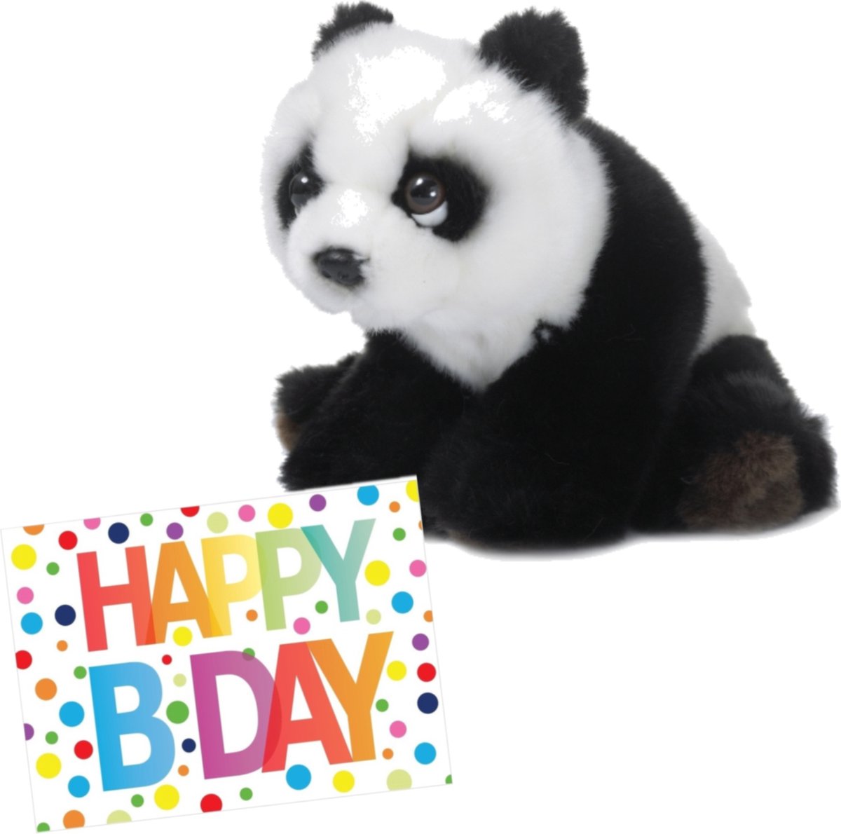 Pluche knuffel panda beer 15 cm met A5-size Happy Birthday wenskaart -