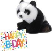 Pluche knuffel panda beer 15 cm met A5-size Happy Birthday wenskaart - Verjaardag cadeau setje