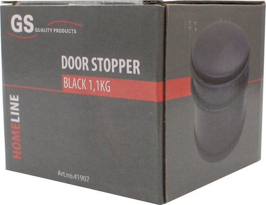 Doos van GS Quality Products met 'DOOR STOPPER BLACK 1,1KG' en een afbeelding van de zwarte deurstopper.