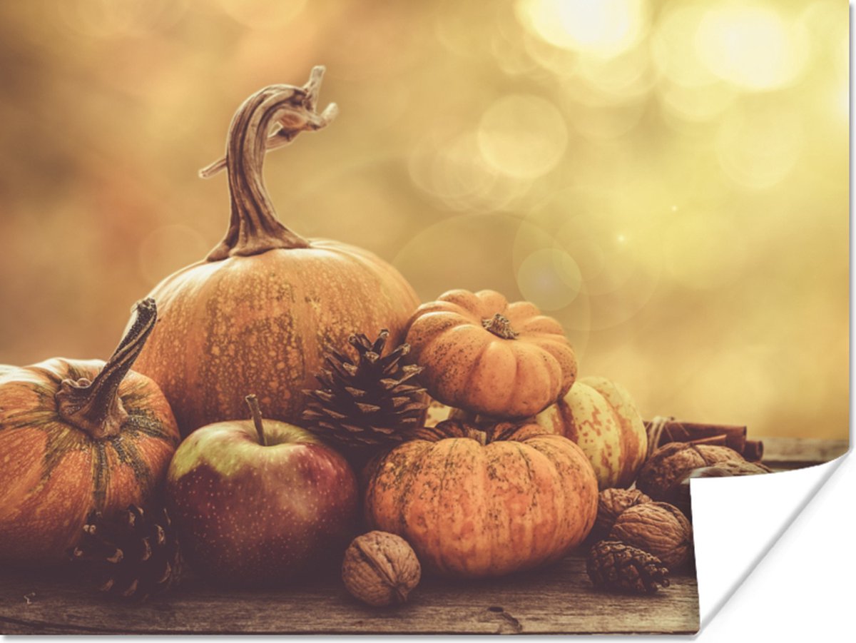 Poster Pompoen - Herfst - Dennenappel - Fruit - Appel - 40x30 cm