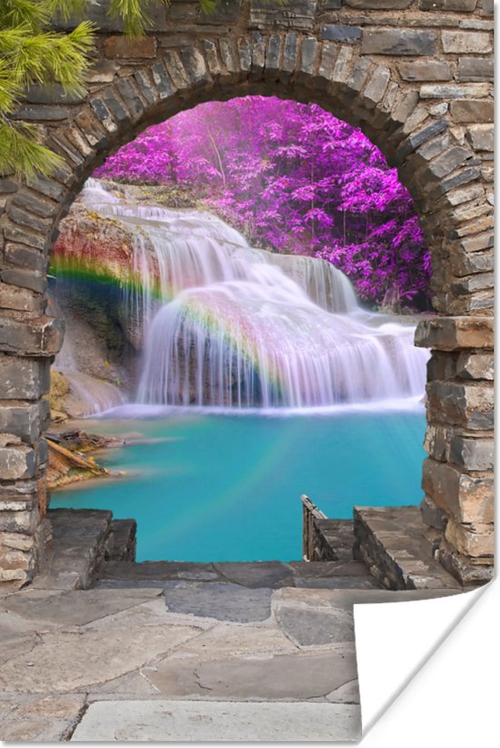 Poster Bloemen - Regenboog - Waterval - Doorkijk - 120x180 cm XXL