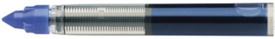 Close-up van een blauwe Schneider rollerball navulling met doorzichtig reservoir en blauwe inkt.