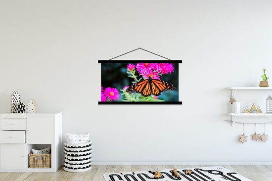 Posterhanger incl. Poster 150x75 cm - Schoolplaat - Vlinder - Botanisch - Bloemen - Textielposter - Zwarte latten