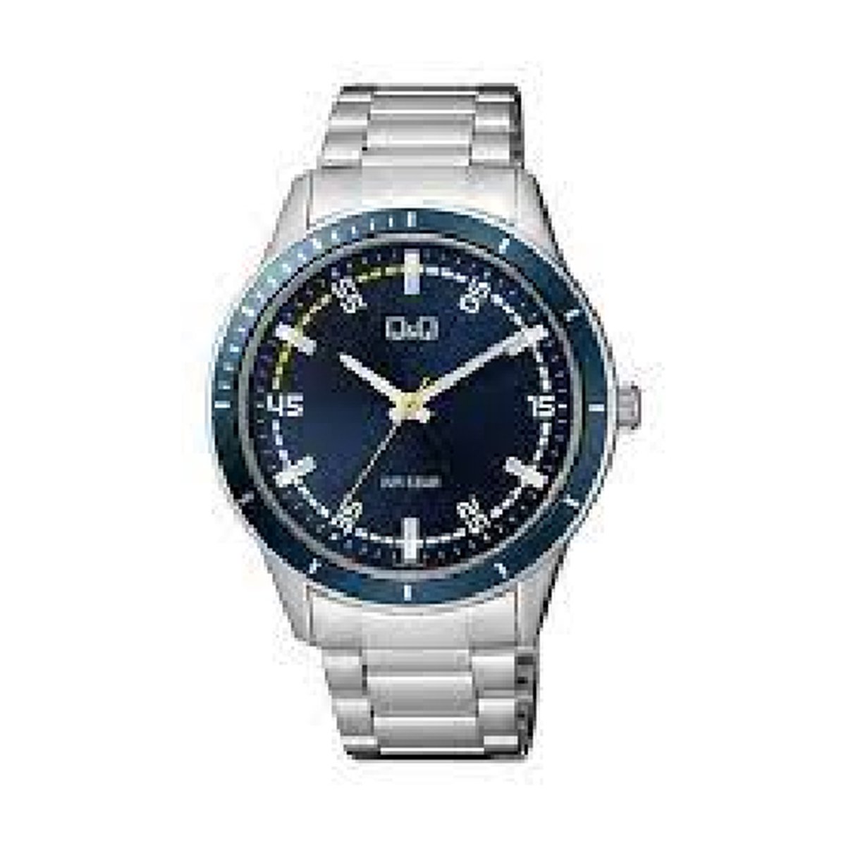 QQ model Q09a-002py-Herenhorloge-zilverkleurig-5 bar waterdicht-donkerblauwe wijzerplaat-diameter 43 mm