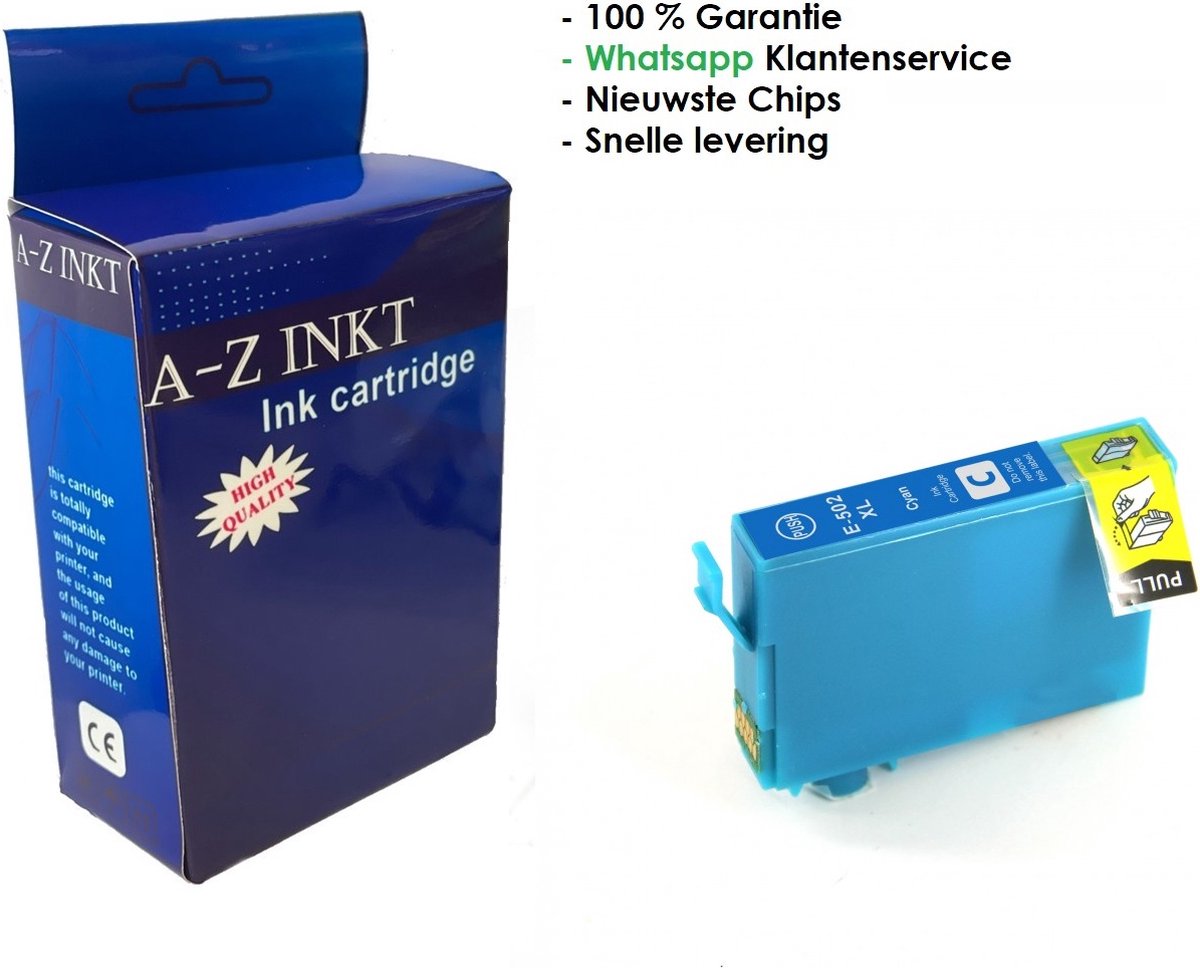 AtotZinkt huismerk Epson 502 XL C Cyaan Blauwe inkt cartridge - Met Chip - Epson 502XL - Voor Printers: Expression Home XP-5100 / XP-5105 - Workforce WF-2860DWF / WF-2865DWF