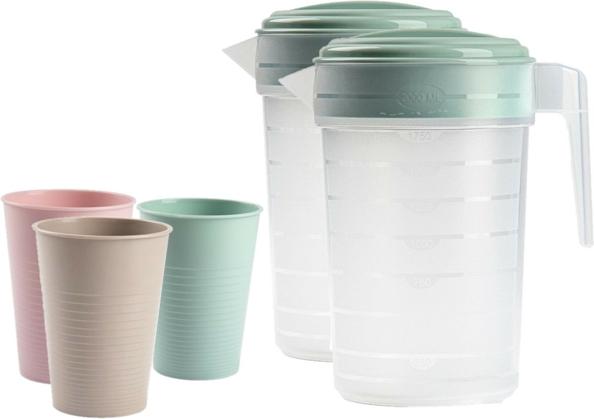 2x stuks water of limonade schenkkannen/sapkannen 2 liter met 12x kunststof mix-colors glazen van 360 ML voordeelset