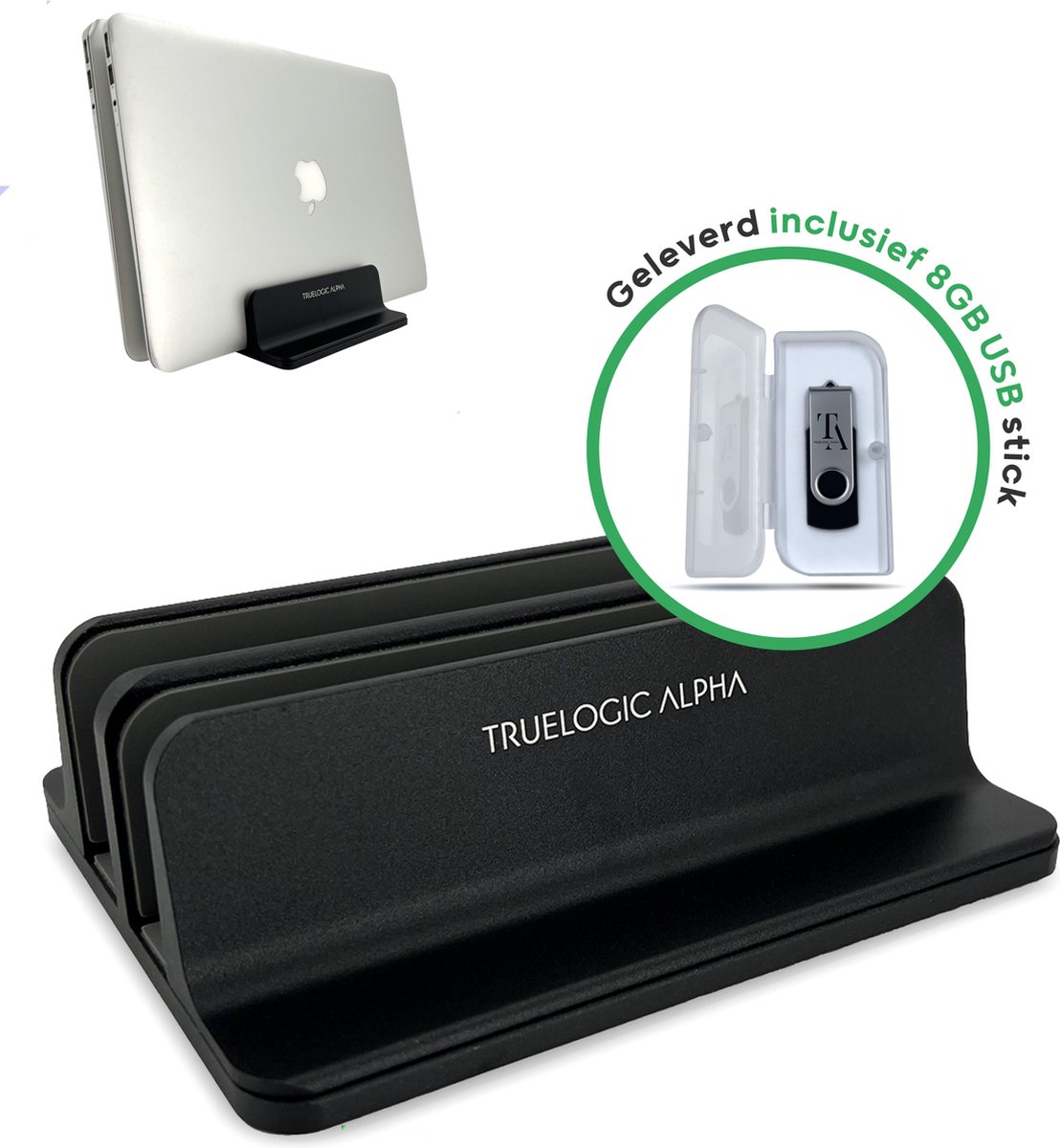TrueLogic Alpha verticale laptop standaard - Geleverd inclusief 8GB USB stick - Laptop houder - Tablet standaard - Laptop standaard verstelbaar - Aluminium - Zwart